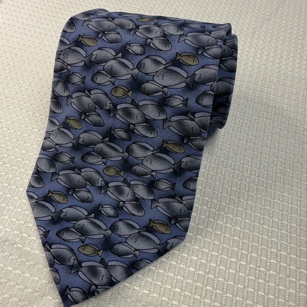 Blue Fish Print Silk Necktie Neck Tie 100% Silk All Over Print‎ Pattern